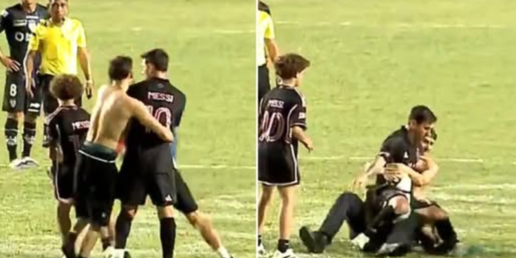 মাঠে ঢুকে মেসিকে ধাক্কা দিয়ে ফেলেই দিলেন ভক্ত!