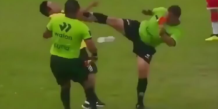 আক্রমণকারীকে ‘কারাতে কিক’ মারলেন রেফারি